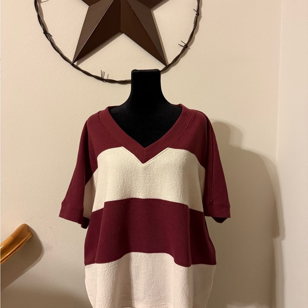 Tres Bien Burgundy and Cream Striped Blouse